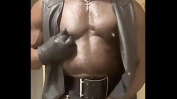 Black leather muscle solo nipple play & bbc load release Black leather muscle solo nipple play & bbc load release