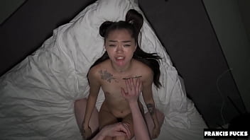 Cute asian teen drilled in rough threesome