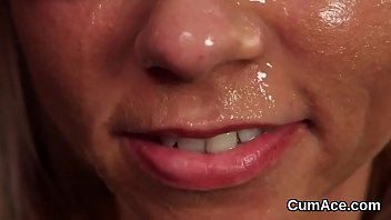 Frisky bombshell gets cum shot on her face gulping all the charge Frisky bombshell gets cum shot on her face gulping all the charge