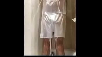 Man strips from wet tee shirt and white boxers and masturbates in the shower Man strips from wet tee shirt and white boxers and masturbates in the shower