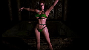 Thick counterpart of lara croft in bikini demonstrates her wet shapes in dungeon