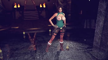 Buxom pretty lara croft in ripped clothe sensually posing in ancient temple