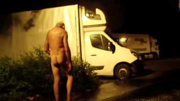 Naked a rainy night arround truck and rest room Naked a rainy night arround truck and rest room
