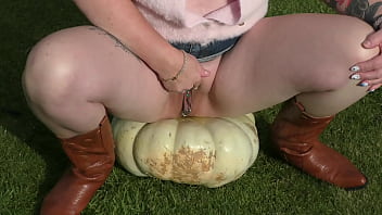 Nz milf sub uses huge pumpkin as her toilet while her master films the action Nz milf sub uses huge pumpkin as her toilet while her master films the action