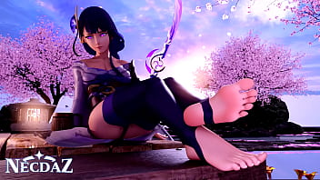 Raiden from genshin impact shows her soles in stirrups Raiden from genshin impact shows her soles in stirrups