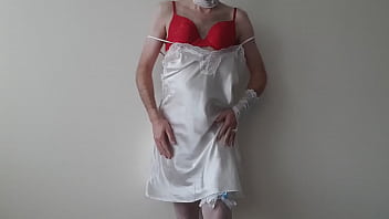 Man wearing lingerie masturbates a hot load on a white slipdress Man wearing lingerie masturbates a hot load on a white slipdress
