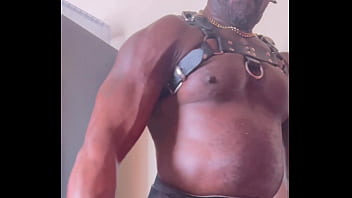 Sexy leather harness hot flex show and bate cum Sexy leather harness hot flex show and bate cum