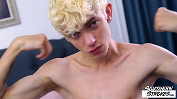 Skinny blond amateur jerks off dick solo