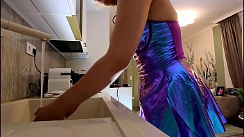 Doing chores as an electronic music festival girl on high heels and with a big ass to show under mini skirt