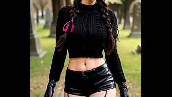 Busty brunette in leather hotpants and gloves fucked anal in a cemetery - ai illustrated leather porn dream