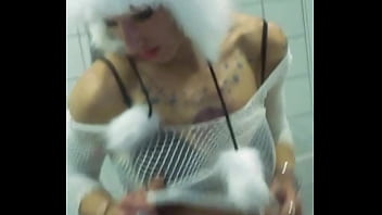 Vilja’s panda hat hides nothing as she fingers her dripping pussy fishnet stretched tight pulling out saggy tits while craving a hard dick