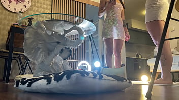 Sexy and beautiful petite brunette cheerleader and her bff try to get as much as precum and cum from an older guy by balls massaging and dice throwing challenge with dick stroking and tease