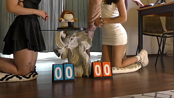 Sexy and beautiful petite brunette cheerleader and her bff try to get as much as precum and cum from an older guy by balls massaging and dice throwing challenge with dick stroking and tease