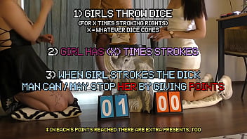 Sexy and beautiful petite brunette cheerleader and her bff try to get as much as precum and cum from an older guy by balls massaging and dice throwing challenge with dick stroking and tease