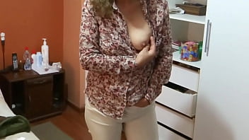 Beautiful stepmother starts touching herself while standing and watching me masturbate in front of her