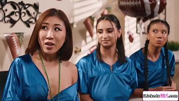 Lesbian babe blake blossom won the bet so her friends asian nicole doshi latina hailey rose and ebony ameena green take turns licking her pussy