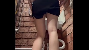 Public bathroom playtime in a public bathroom dressed in a black top and shorts i squat with my legs wide mas