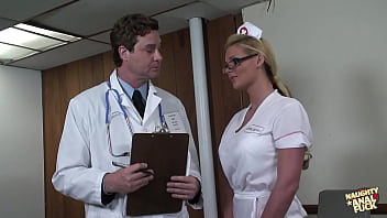 A well-endowed blonde nurse has her voluptuous posterior penetrated by the well-hung doctor till he reaches climax