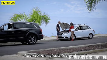 Raven haired beauty gets picked up after her car breaks down and gets her pussy stretched with a hard thick cock