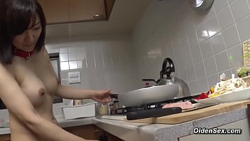 Naked busty asian mature lady suzune yagami naked with red leather collar cooks in the kitchen then moves in bedroom and sucks and fucks