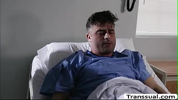 Horny patient lets his shemale nurse massage his legs and his hard big shemale nurse starts sucking his big cock passionately and in return the patient licks her ass first to makes it wet before he fucks it so deep and hard