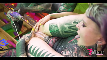 Tattoo lesbian girls cum play with fantasy dildo in pussy anal fun ass to mouth sextoy masturbation