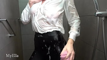 Ella taking a soapy shower in shiny legging with blowjob
