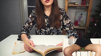 Literary orgasm from a beautiful student reads a book while sitting on a vibrator and tries to finish reading it