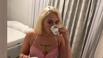 Flexible blonde cheerleader with her friend wears a transparent pink dress with a thong which does not cover pussy or ass
