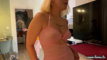Flexible blonde cheerleader with her friend wears a transparent pink dress with a thong which does not cover pussy or ass