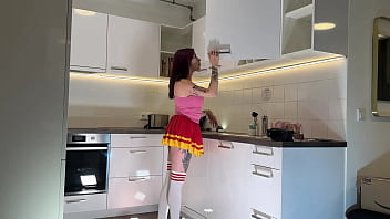 Amazingly beautiful big tits big ass cute horny redhead with a short mini skirt at home gets bored to show her socks and transparent underwear