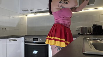 Amazingly beautiful big tits big ass cute horny redhead with a short mini skirt at home gets bored to show her socks and transparent underwear