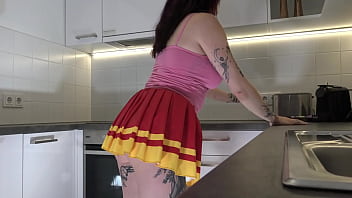 Amazingly beautiful big tits big ass cute horny redhead with a short mini skirt at home gets bored to show her socks and transparent underwear