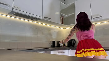 Amazingly beautiful big tits big ass cute horny redhead with a short mini skirt at home gets bored to show her socks and transparent underwear