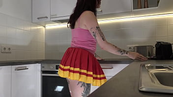 Amazingly beautiful big tits big ass cute horny redhead with a short mini skirt at home gets bored to show her socks and transparent underwear