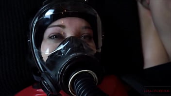 Extra kinky slippery latex sack with gas mask and lesbian edging