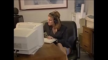 Jackie moore takes off her two-piece outfit and enjoys sex on the office chair