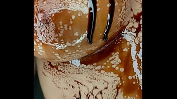 Sexy erotic 21 years old teen playing with her delicious boobs & pussy with chocolate syrup valentine special