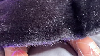 Squirt and pulsating pussy orgasm experienced by hot brunette in fur coat and pantyhose while masturbating cunt with big vibrator