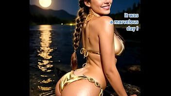 Beautiful busty hiker in golden shiny bikini and lingerie giving a footjob on a camping site - ai generated porn dream