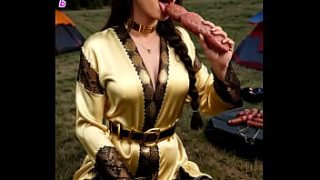Beautiful busty hiker in golden shiny bikini and lingerie giving a footjob on a camping site - ai generated porn dream