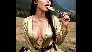 Beautiful busty hiker in golden shiny bikini and lingerie giving a footjob on a camping site - ai generated porn dream
