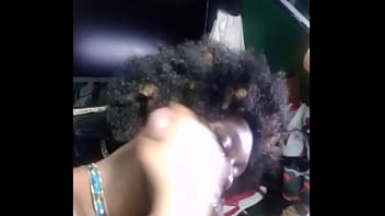 Shortened version of darkchocolatebarbie dancing before making a bbc cum all over her face and afro