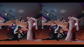 Claire russel having hardcore double penetration lifted carried in the air by meredith stout and cyberpunk dude - latex tattoo blonde bdsm