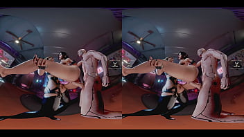 Claire russel having hardcore double penetration lifted carried in the air by meredith stout and cyberpunk dude - latex tattoo blonde bdsm