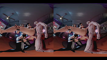Claire russel having hardcore double penetration lifted carried in the air by meredith stout and cyberpunk dude - latex tattoo blonde bdsm