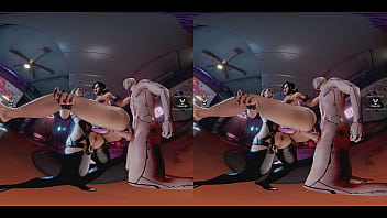 Claire russel having hardcore double penetration lifted carried in the air by meredith stout and cyberpunk dude - latex tattoo blonde bdsm