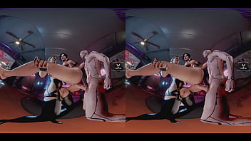 Claire russel having hardcore double penetration lifted carried in the air by meredith stout and cyberpunk dude - latex tattoo blonde bdsm