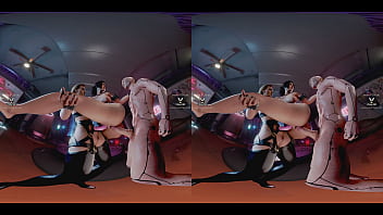 Claire russel having hardcore double penetration lifted carried in the air by meredith stout and cyberpunk dude - latex tattoo blonde bdsm