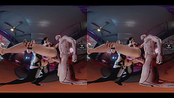 Claire russel having hardcore double penetration lifted carried in the air by meredith stout and cyberpunk dude - latex tattoo blonde bdsm